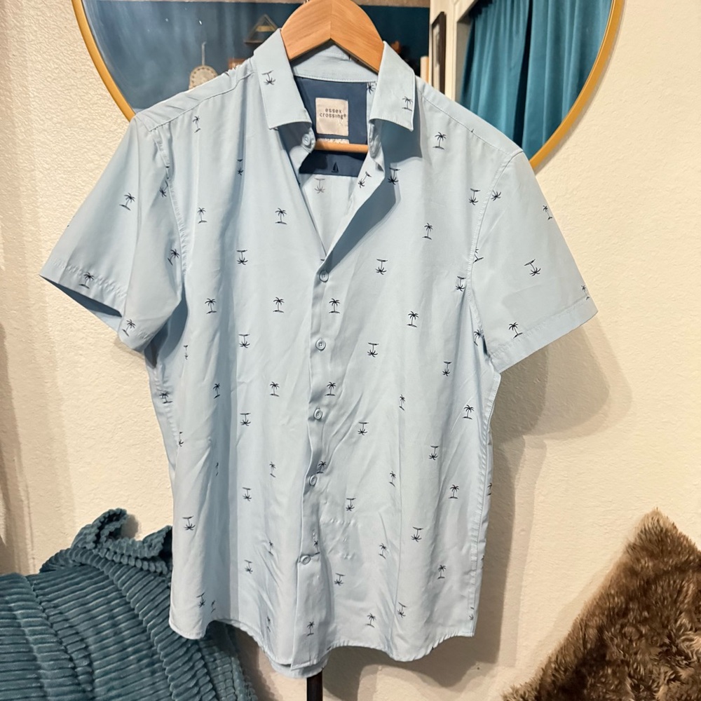 Casual Blue Button Down Shirt with Geometric Print